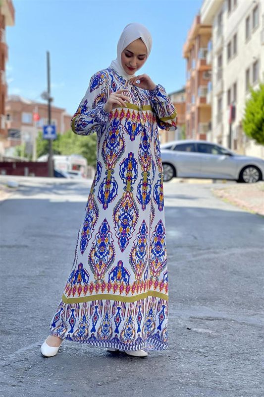 Etnik Desen Elbise SAKS MAVİSİ - 1