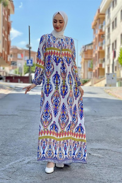 Etnik Desen Elbise SAKS MAVİSİ - Thumbnail