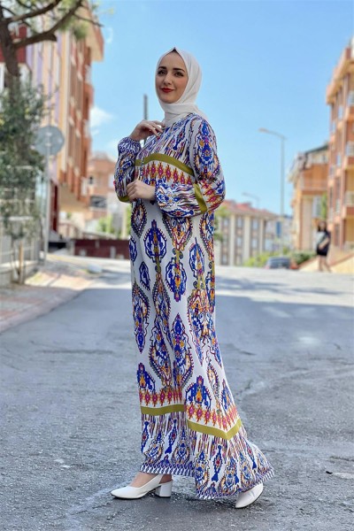Etnik Desen Elbise SAKS MAVİSİ - Thumbnail