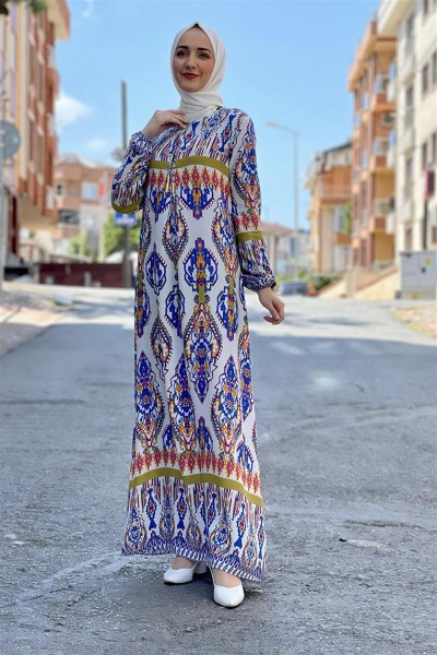 Etnik Desen Elbise SAKS MAVİSİ - Thumbnail