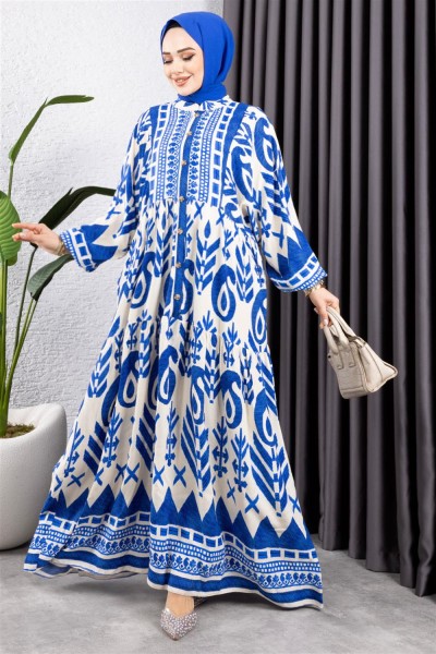 Etnik Desen Viskon Elbise BEJ - Thumbnail