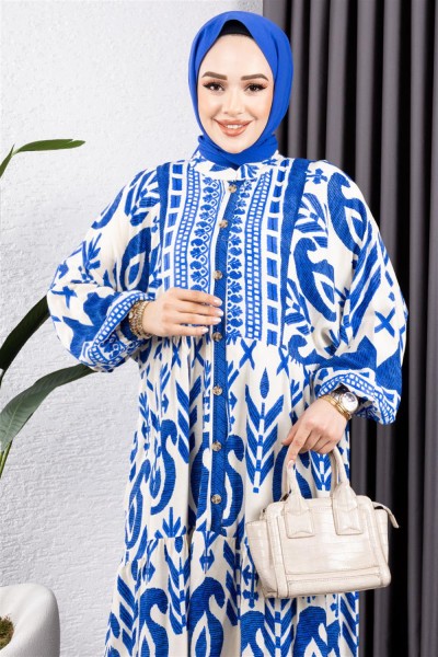 Etnik Desen Viskon Elbise BEJ - Thumbnail