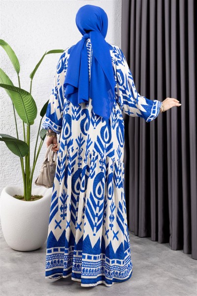 Etnik Desen Viskon Elbise BEJ - Thumbnail