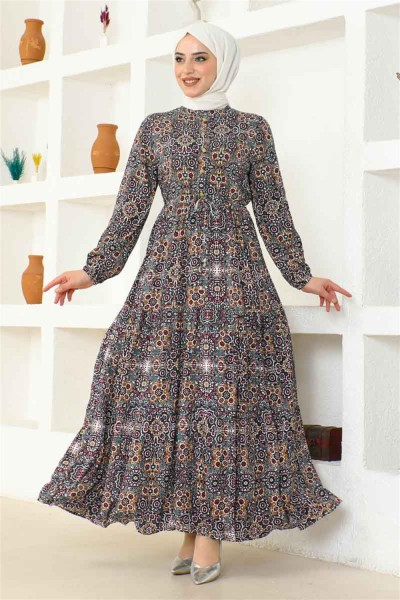SGS - Etnik Desen Viskon Elbise HAKİ
