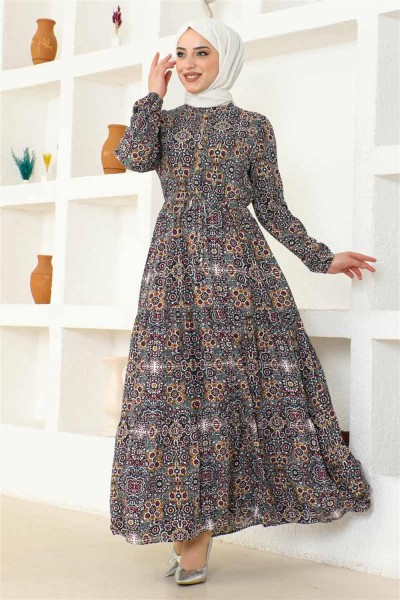 Etnik Desen Viskon Elbise HAKİ - Thumbnail