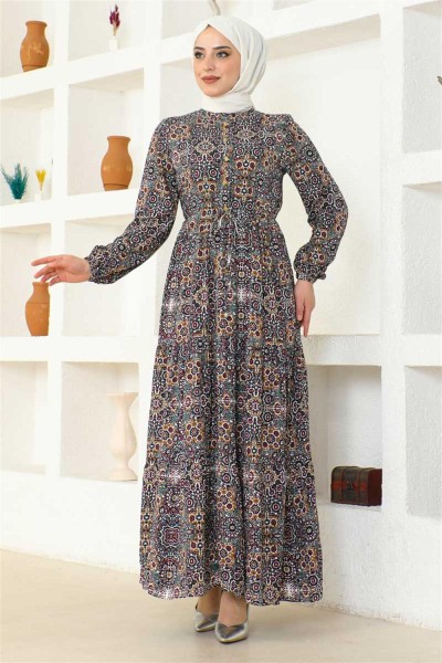 Etnik Desen Viskon Elbise HAKİ - Thumbnail