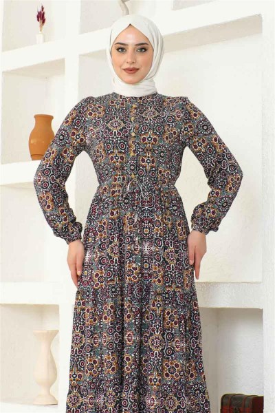 Etnik Desen Viskon Elbise HAKİ - Thumbnail