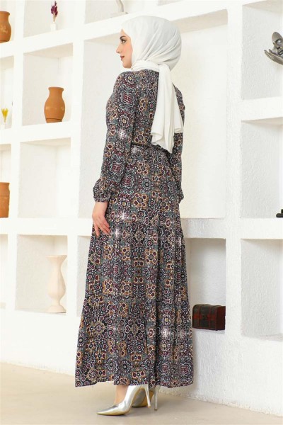 Etnik Desen Viskon Elbise HAKİ - Thumbnail