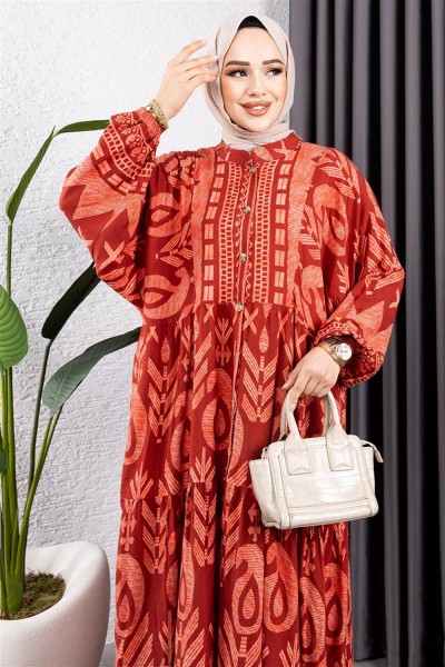 Etnik Desen Viskon Elbise KİREMİT - Thumbnail