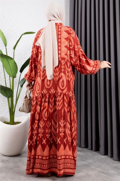 Etnik Desen Viskon Elbise KİREMİT - Thumbnail