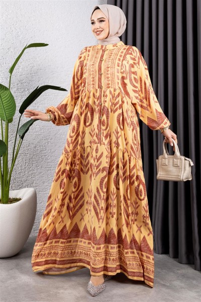 Etnik Desen Viskon Elbise SARI - Thumbnail
