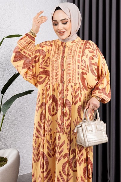 Etnik Desen Viskon Elbise SARI - Thumbnail