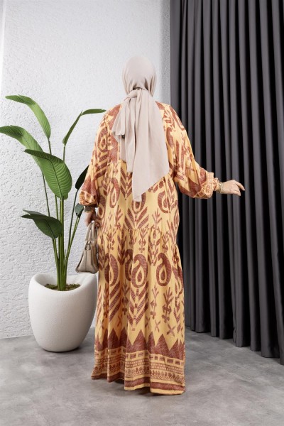 Etnik Desen Viskon Elbise SARI - Thumbnail