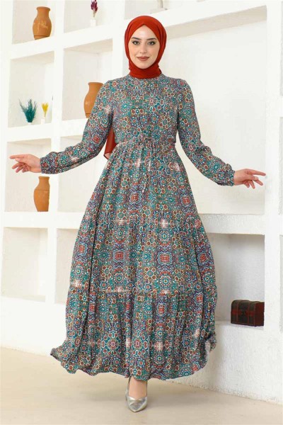 SGS - Etnik Desen Viskon Elbise TURKUAZ