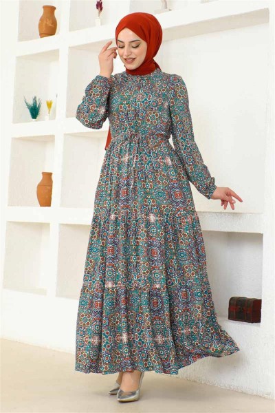 Etnik Desen Viskon Elbise TURKUAZ - Thumbnail