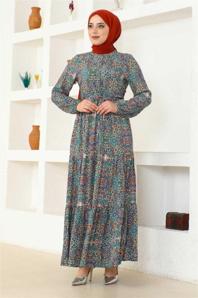 Etnik Desen Viskon Elbise TURKUAZ - Thumbnail