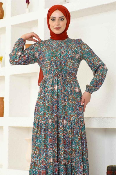 Etnik Desen Viskon Elbise TURKUAZ - Thumbnail
