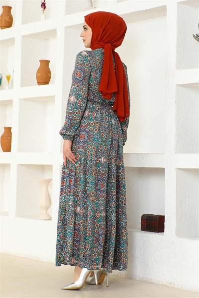 Etnik Desen Viskon Elbise TURKUAZ - Thumbnail