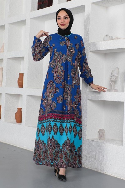SGS - Etnik Desenli Model Tesettür Elbise MAVİ