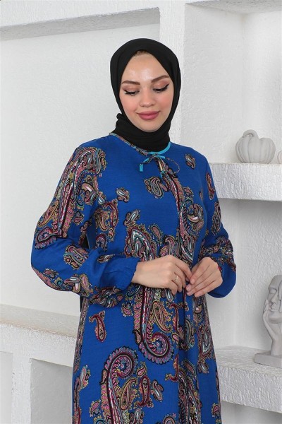 Etnik Desenli Model Tesettür Elbise MAVİ - Thumbnail
