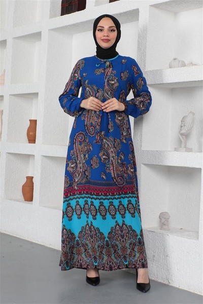 Etnik Desenli Model Tesettür Elbise MAVİ - Thumbnail