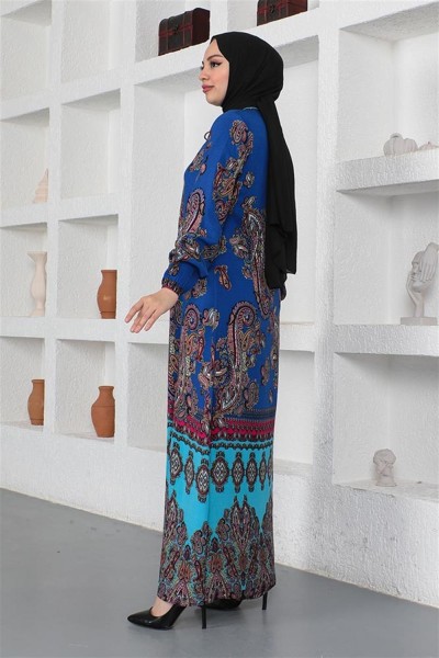 Etnik Desenli Model Tesettür Elbise MAVİ - Thumbnail