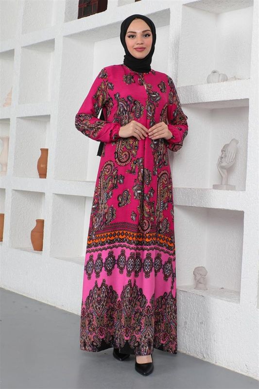 Etnik Desenli Model Tesettür Elbise PEMBE - 1