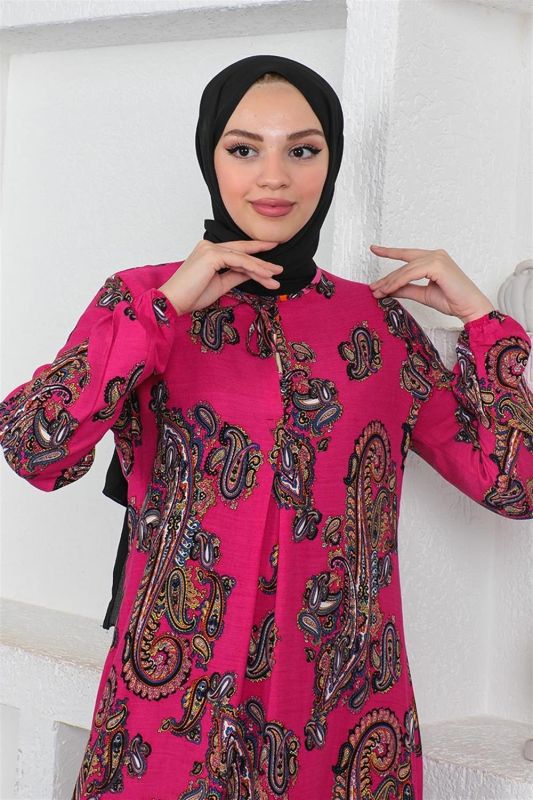 Etnik Desenli Model Tesettür Elbise PEMBE - 2
