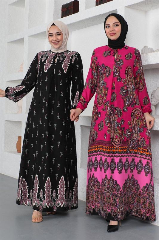 Etnik Desenli Model Tesettür Elbise PEMBE - 3