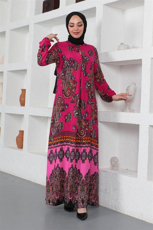 Etnik Desenli Model Tesettür Elbise PEMBE - 4