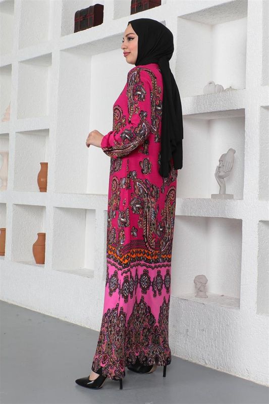 Etnik Desenli Model Tesettür Elbise PEMBE - 5