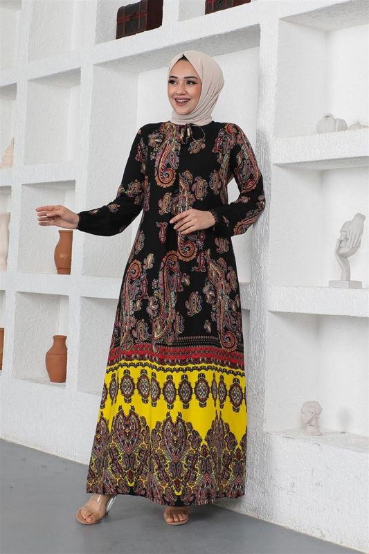 Etnik Desenli Model Tesettür Elbise SİYAH - 1