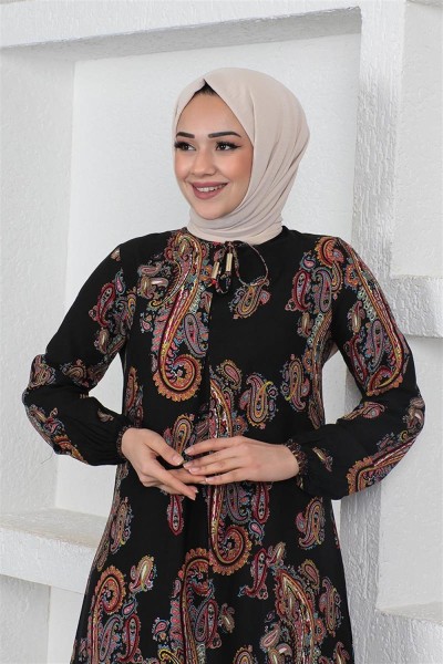 Etnik Desenli Model Tesettür Elbise SİYAH - Thumbnail