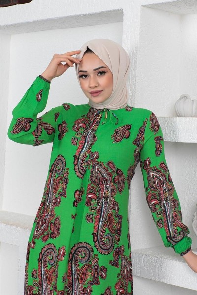 Etnik Desenli Model Tesettür Elbise YEŞİL - Thumbnail