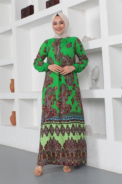 Etnik Desenli Model Tesettür Elbise YEŞİL - Thumbnail
