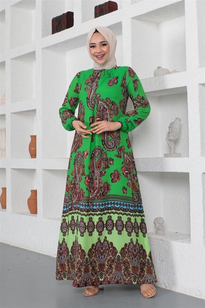 Etnik Desenli Model Tesettür Elbise YEŞİL - Thumbnail