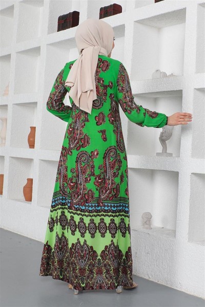 Etnik Desenli Model Tesettür Elbise YEŞİL - Thumbnail