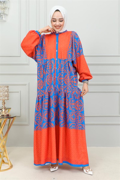 Etnik Desenli Tesettür Elbise LACİVERT - Thumbnail