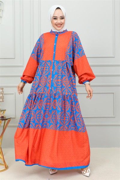 Etnik Desenli Tesettür Elbise LACİVERT - Thumbnail