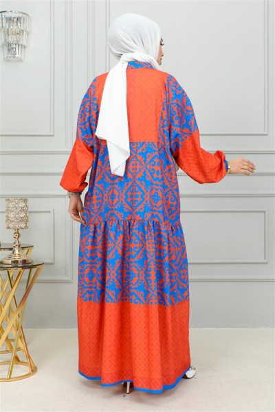 Etnik Desenli Tesettür Elbise LACİVERT - Thumbnail