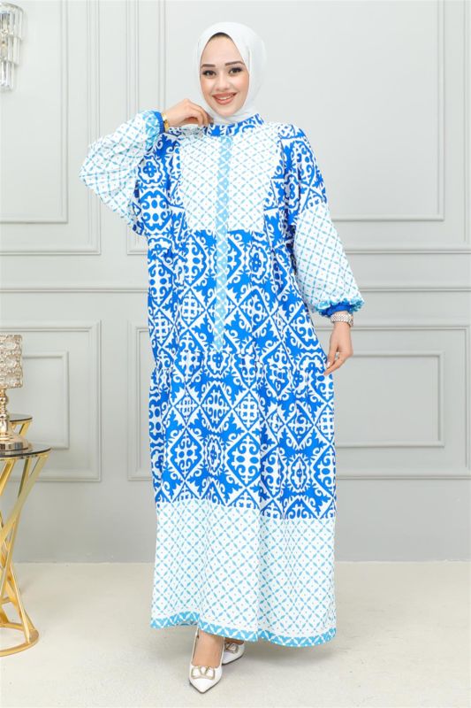Etnik Desenli Tesettür Elbise MAVİ - 1