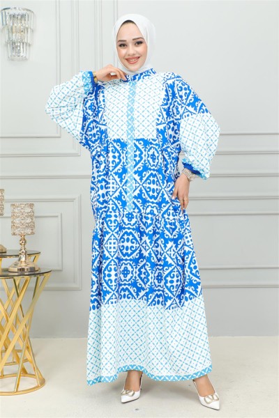 Etnik Desenli Tesettür Elbise MAVİ - Thumbnail