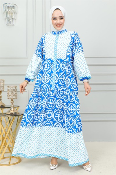 Etnik Desenli Tesettür Elbise MAVİ - Thumbnail