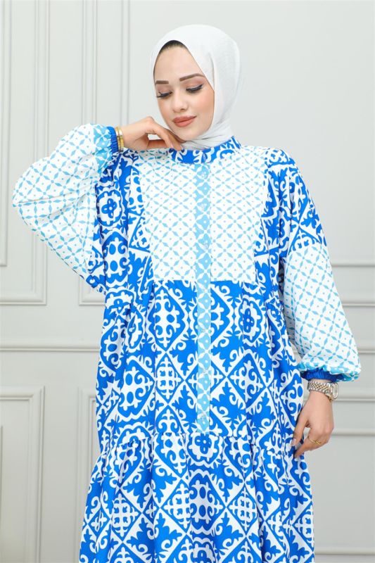 Etnik Desenli Tesettür Elbise MAVİ - 4