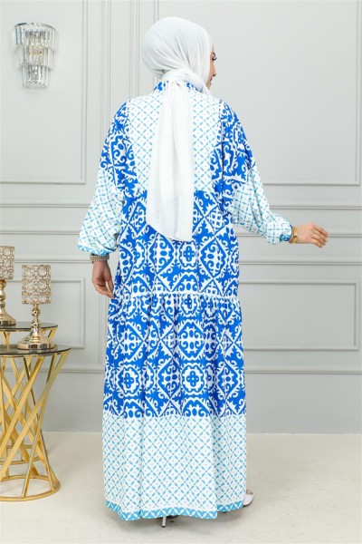 Etnik Desenli Tesettür Elbise MAVİ - Thumbnail