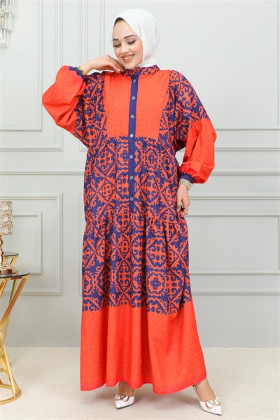 Etnik Desenli Tesettür Elbise TURUNCU - Thumbnail