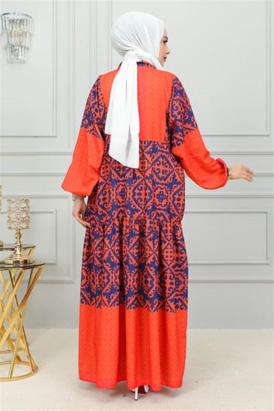 Etnik Desenli Tesettür Elbise TURUNCU - Thumbnail