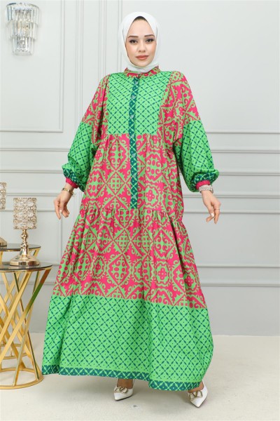 Etnik Desenli Tesettür Elbise YEŞİL - Thumbnail