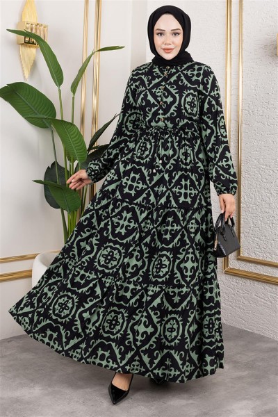 Etnik Desenli Viskon Elbise ÇAĞLA YEŞİLİ - Thumbnail