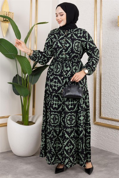Etnik Desenli Viskon Elbise ÇAĞLA YEŞİLİ - Thumbnail